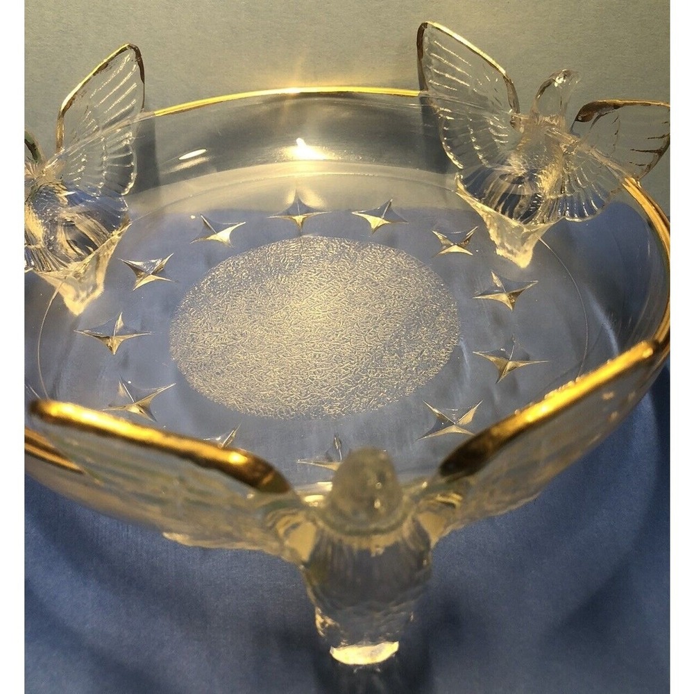 Glass Candy Dish Bowl American Eagle 3-Footed Embossed Stars Gold Trim Vintage - Picture 7 of 13